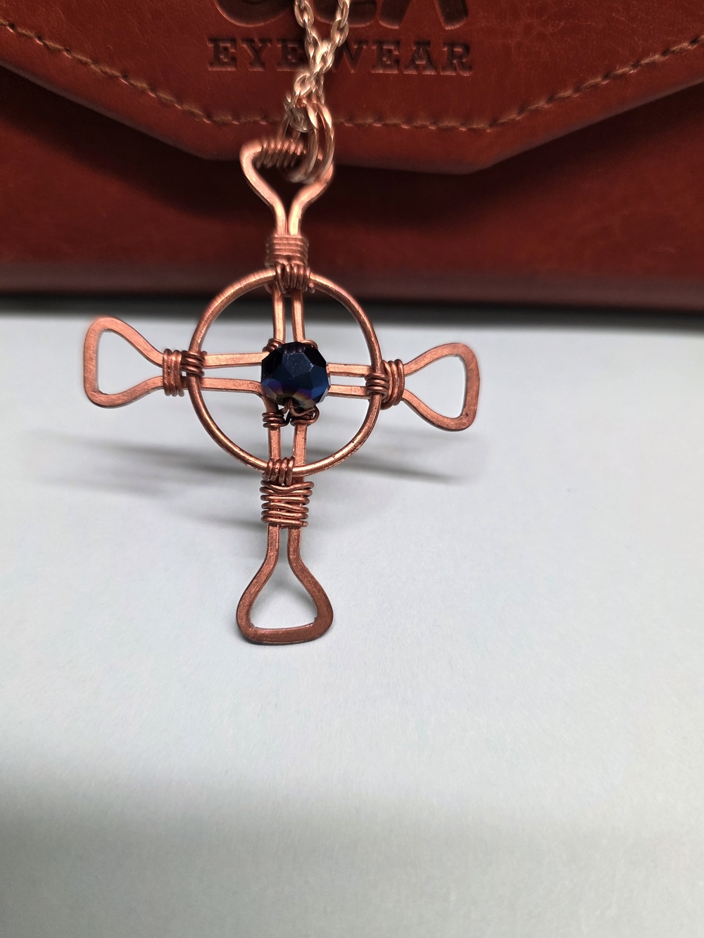 Copper Cross Necklace with Deep Blue Crystal Pendant